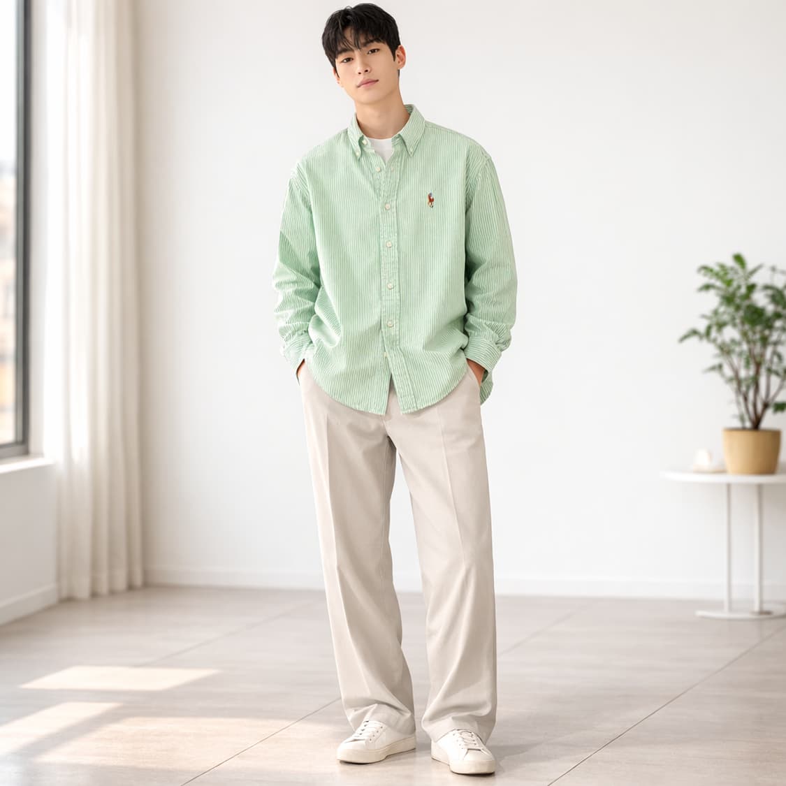 랄프로렌 포니 자수 스트라이프 버튼다운 셔츠 그린 상품이미지1