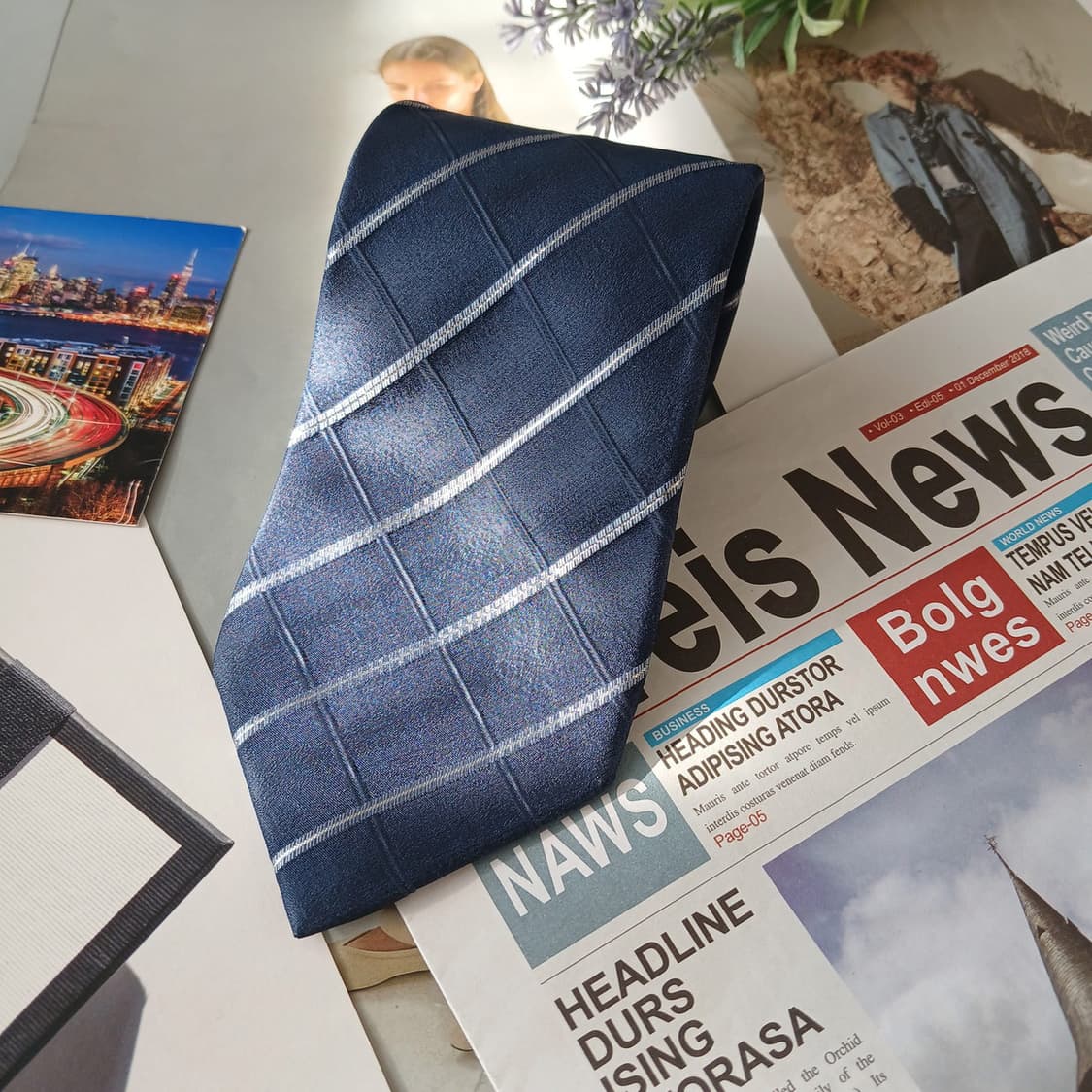 아쿠아스큐텀 실크 네이비 체크 넥타이 9cm A+등급 A19681 상품이미지6