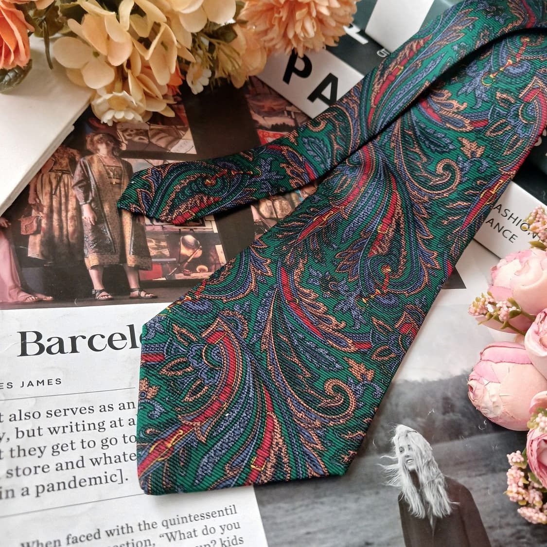 LANVIN 랑방 실크 그린 페이즐리 넥타이 9.5cm A+등급 E113 상품이미지4