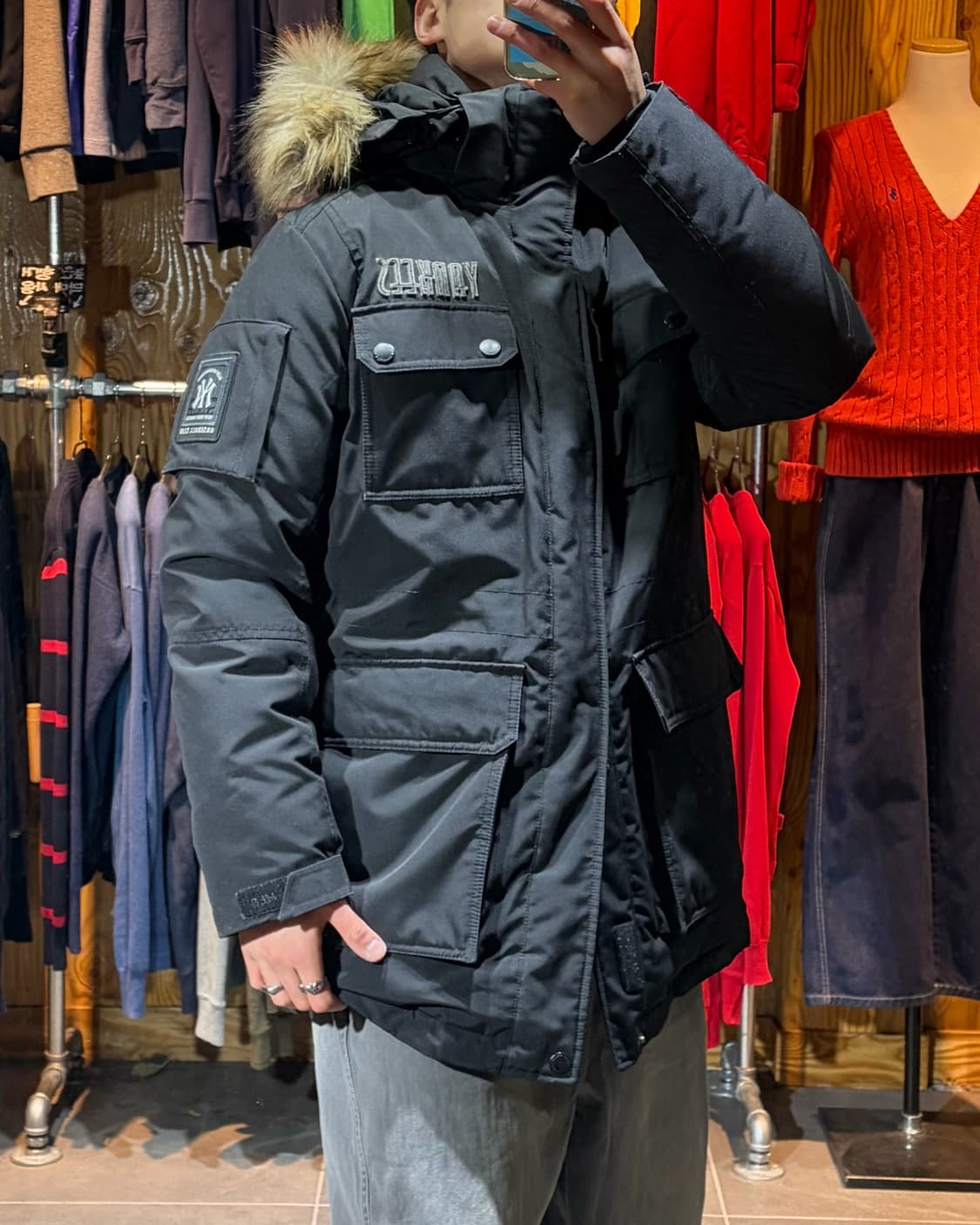 L MLB 엠엘비 뉴욕양키스 5포켓 라쿤 미들패딩 상품이미지1