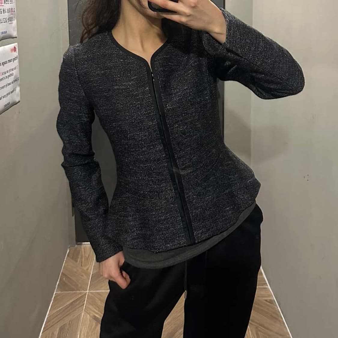 JPN VINTAGE 크롭 트위드 자켓 노카라 슬림핏 페플럼 디테일 차콜 상품이미지8