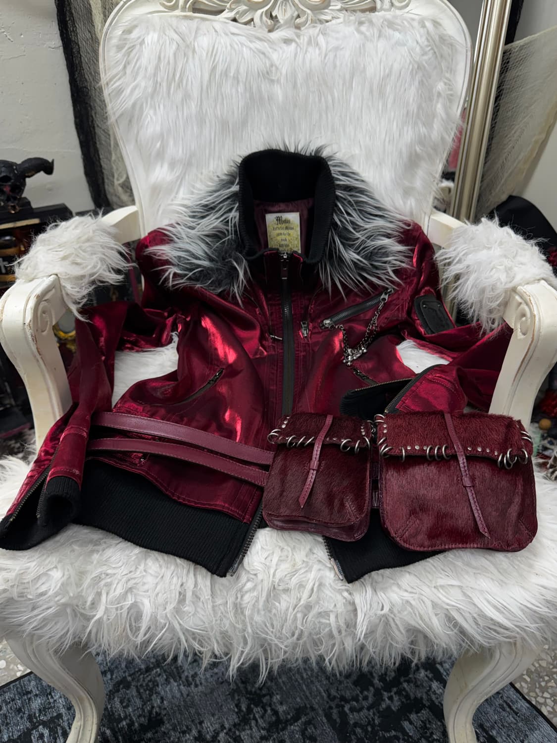 Midas 00s vkei satin red fur jacket 상품이미지1