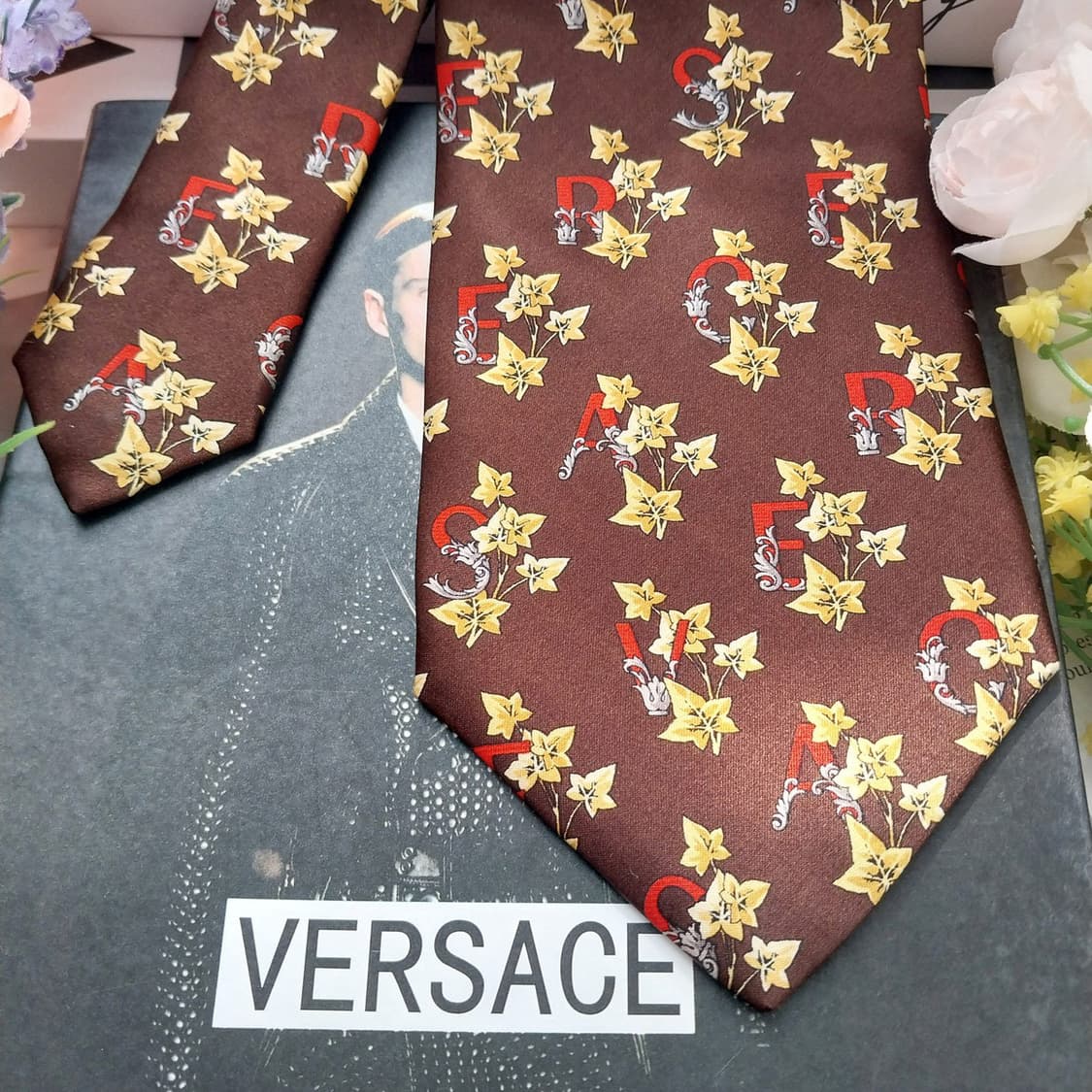 베르사체 실크 브라운 플라워 패턴 넥타이 9.7cm A+등급  K1262 상품이미지4