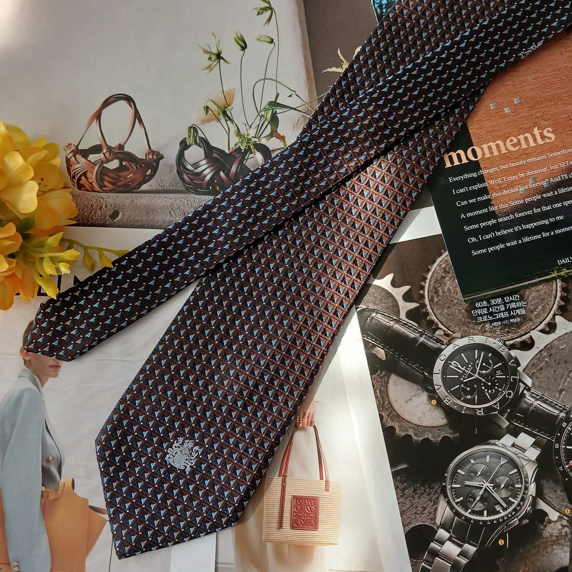 아쿠아스큐텀 실크 브라운 기하 패턴 넥타이 9.1cm A등급 A18981 상품이미지3