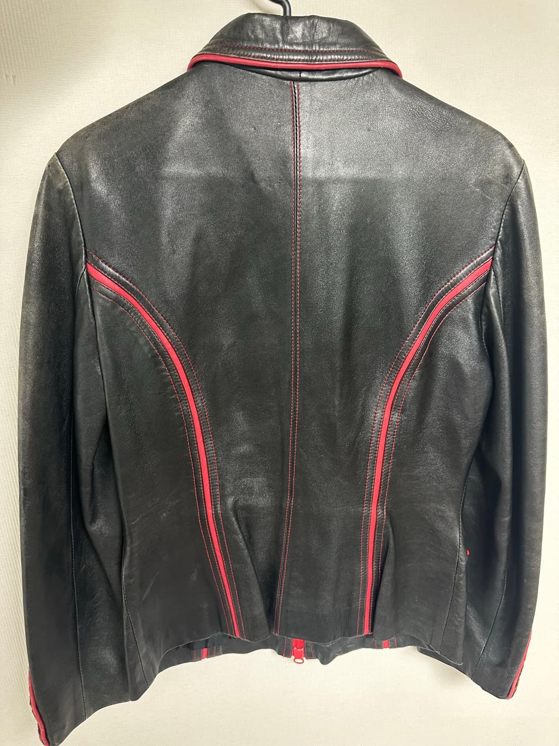 빈티지 블랙 레드 파이핑 라인 포인트 레더 자켓 가죽 집업 상품이미지2