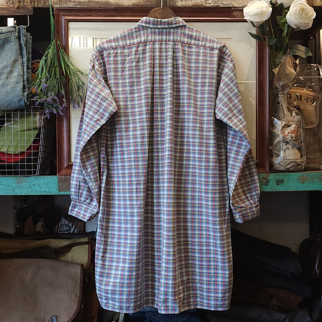 60s 프랑스 워크셔츠 가드너 체크 빈티지 셔츠 롱 튜닉 셔츠 프렌치s 상품이미지2