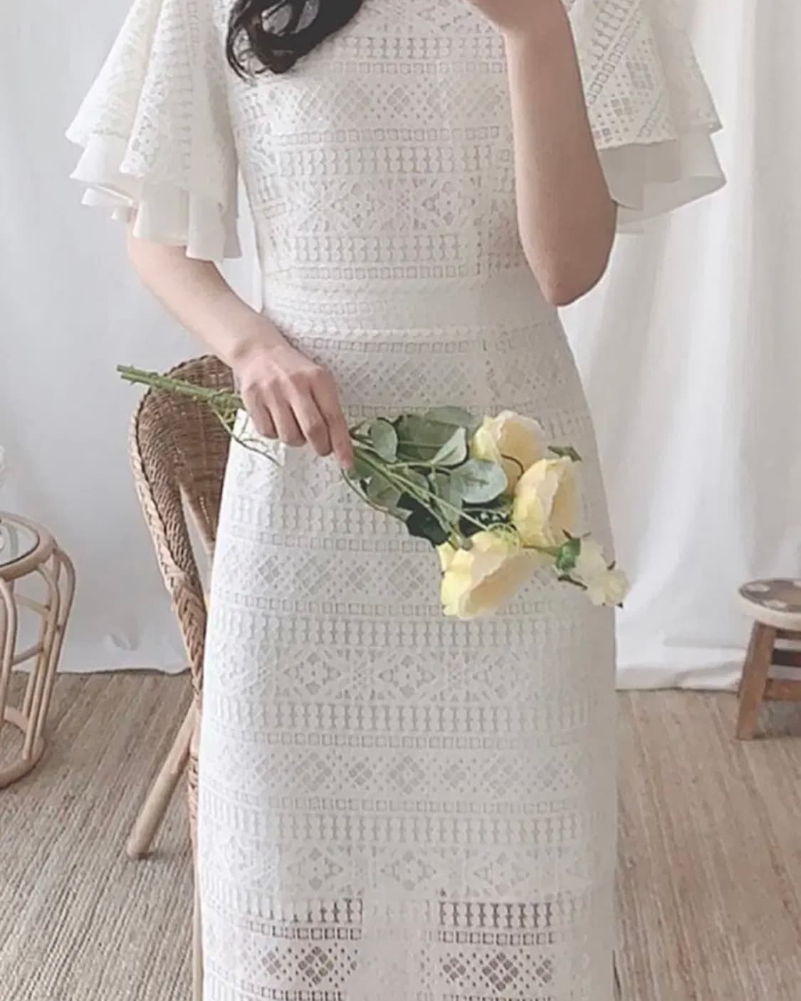 레이스 러플 반팔 시스루 슬림 화이트 롱원피스 브라이덜샤워 웨딩드레스 상품이미지1