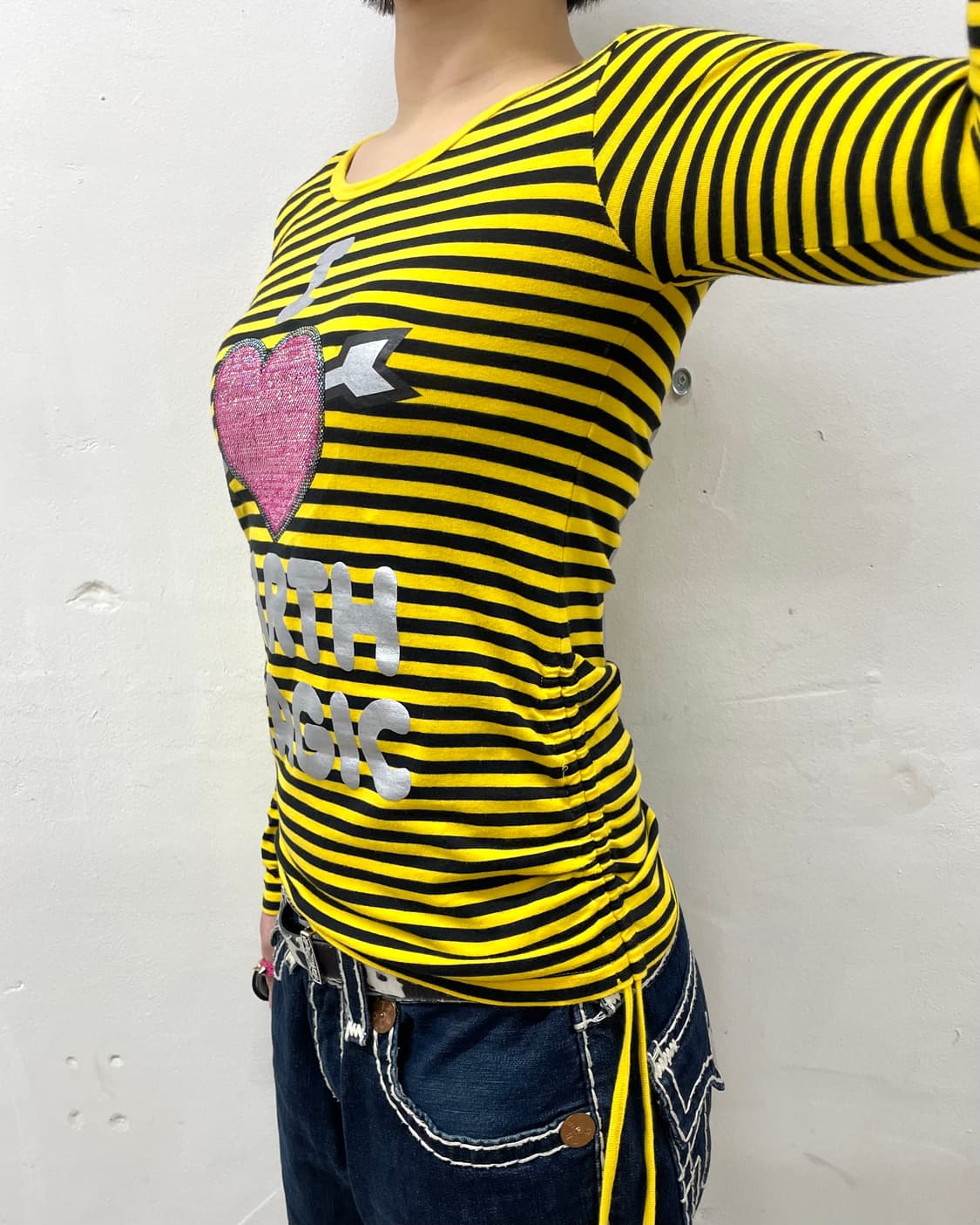 Yellow Stripe Heart Spangle Shirring t 상품이미지5