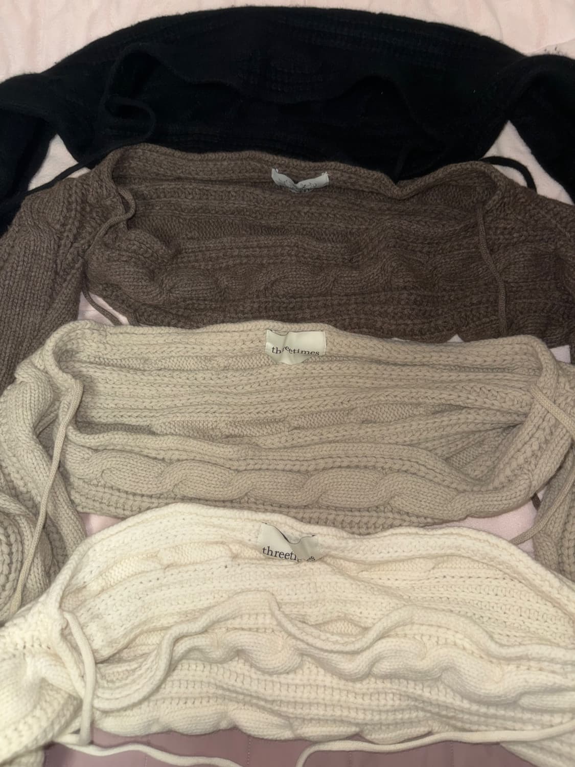 쓰리타임즈 케이블볼레로 22FW 화이트베이지코코아블랙 엔젤넘버555 상품이미지2