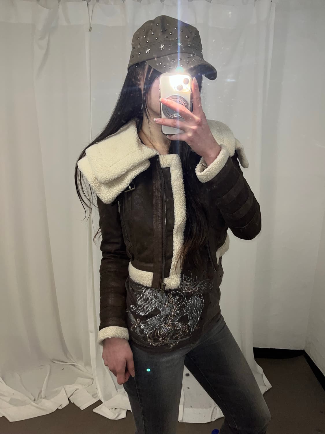 브라운 하이넥 더블카라 크롭 무스탕 상품이미지1