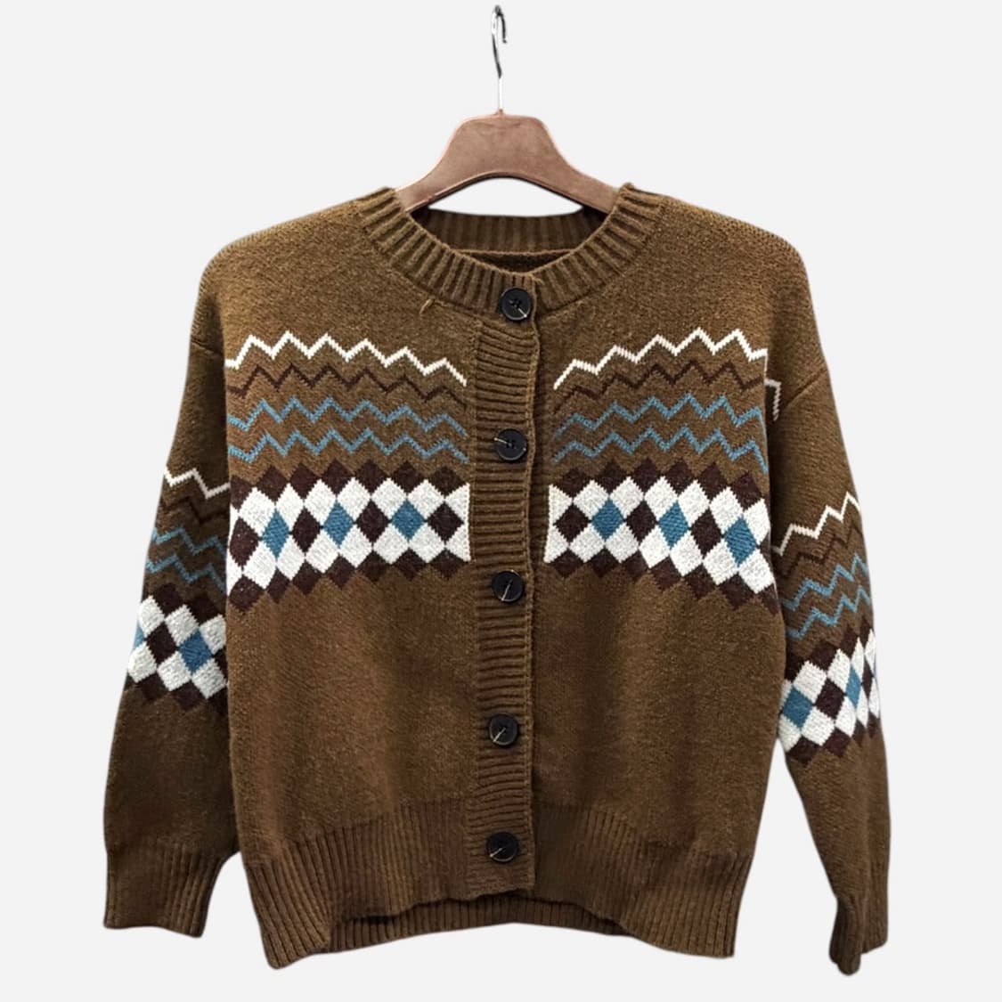 JPN VINTAGE 에스닉 니트 가디건 아가일 패턴 빅버튼 디테일 상품이미지1