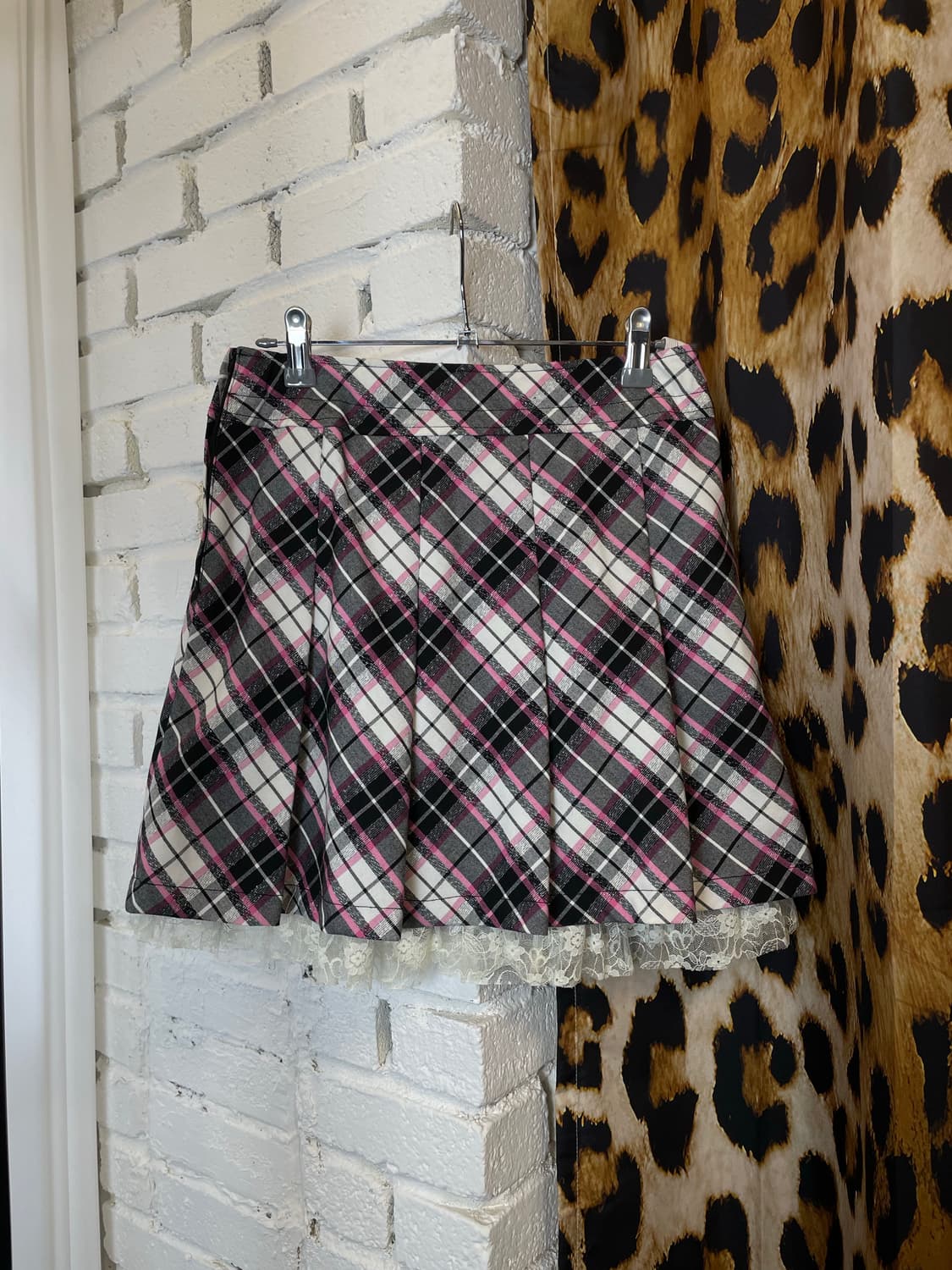 JPN 갸루 체크 패턴 핑크 그레이 스커트 상품이미지3