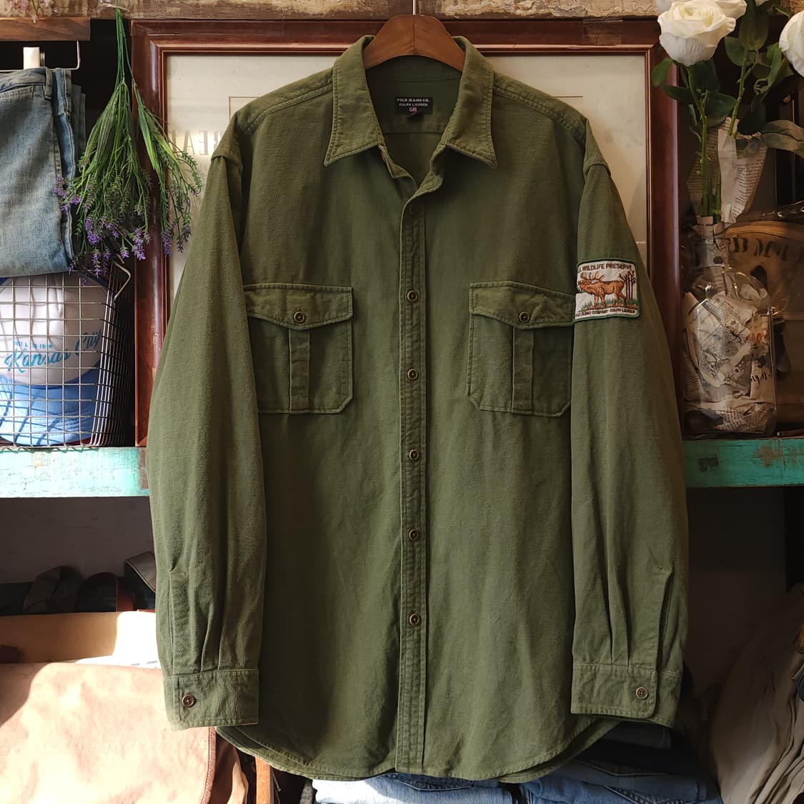 90s 폴로 밀리터리 셔츠 헤비 코튼 플란넬 셔츠 엘크자수 xl 상품이미지1