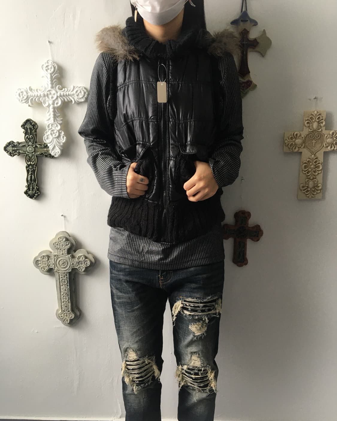 Fake fur hood high neck vest 상품이미지7
