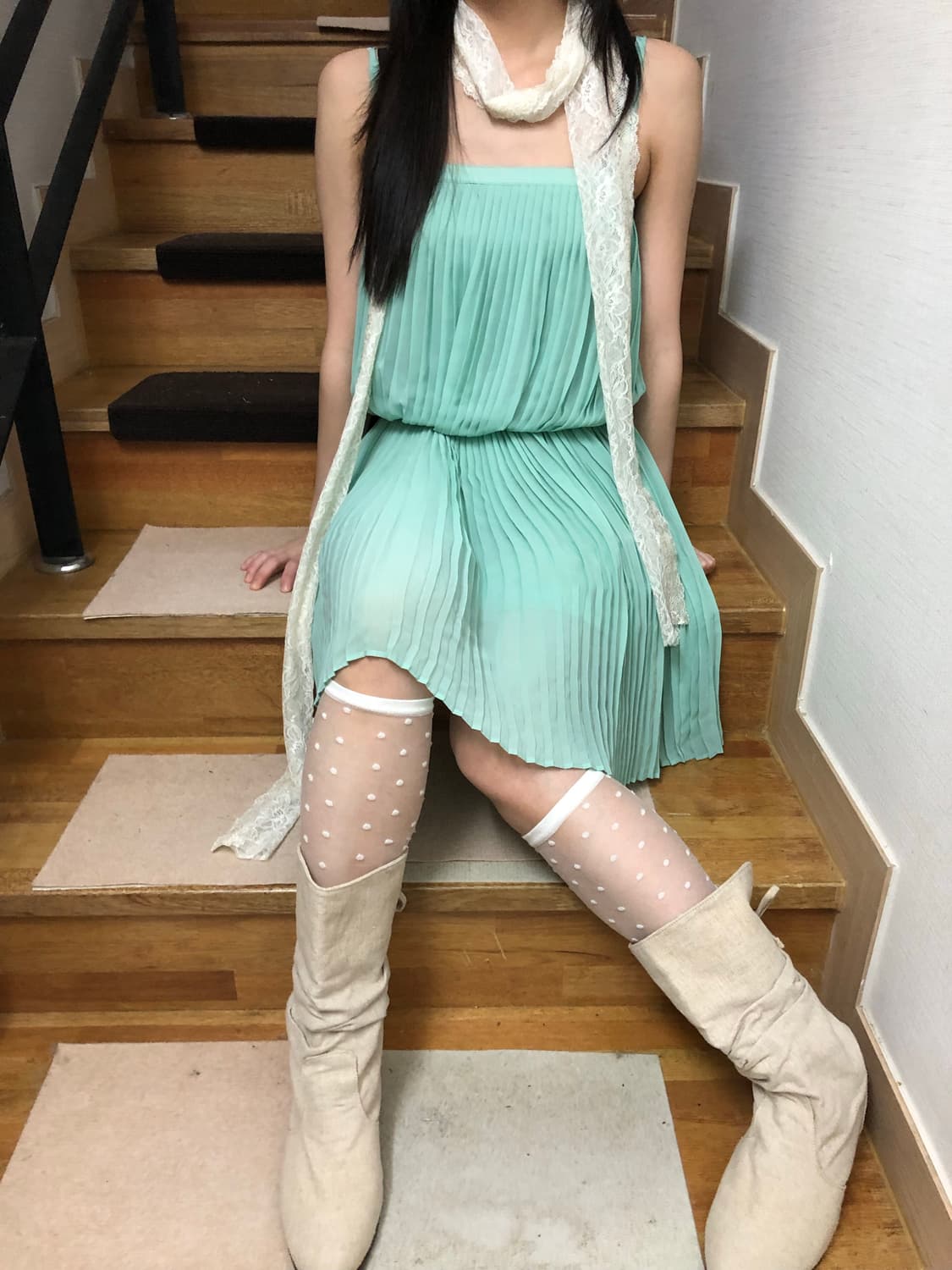 빈티지 민트 플리츠 원피스 상품이미지6
