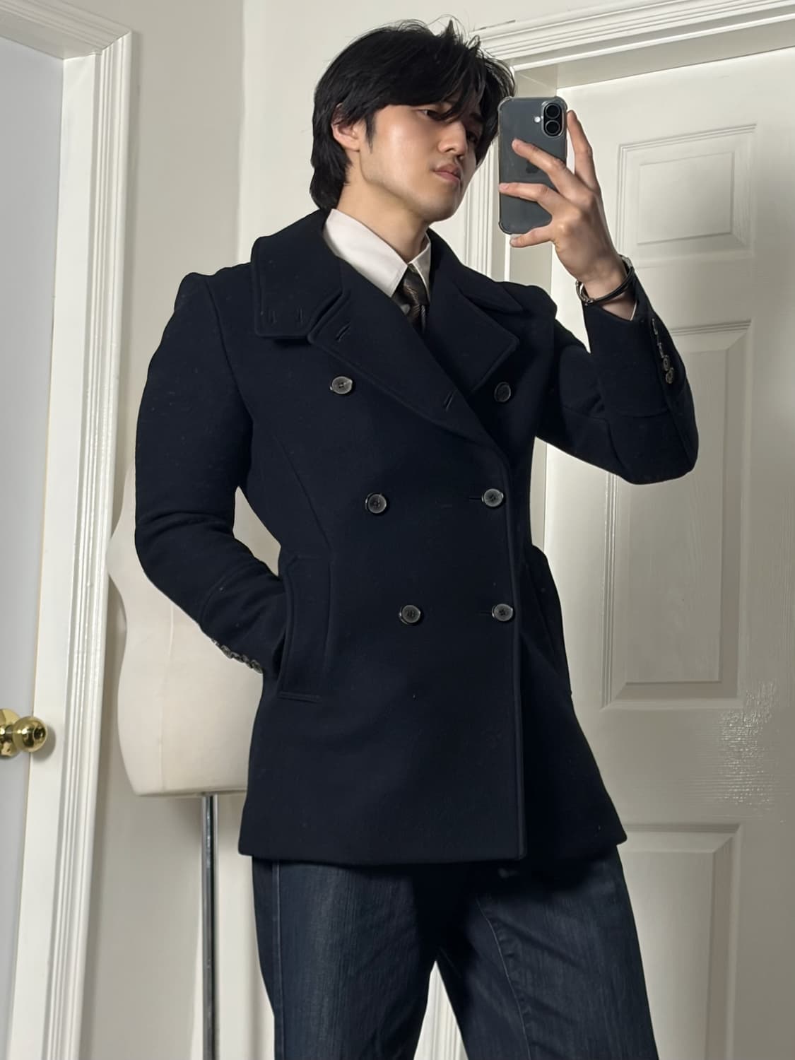 더블브레스트 하이넥코트 네이비 상품이미지4