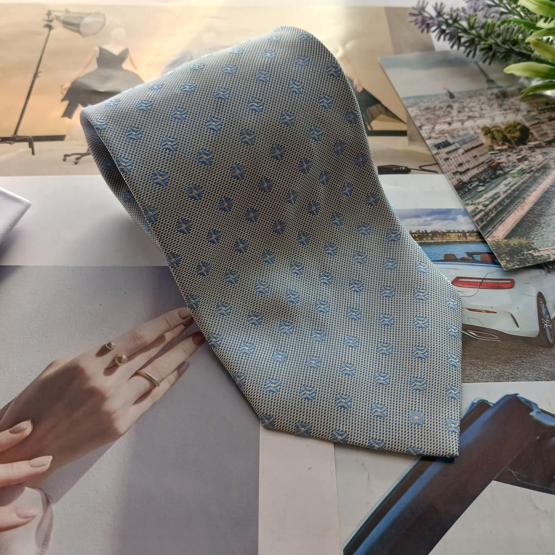 아쿠아스큐텀 실크 베이지&블루 패턴 넥타이 9.5cm A등급 A18643 상품이미지2