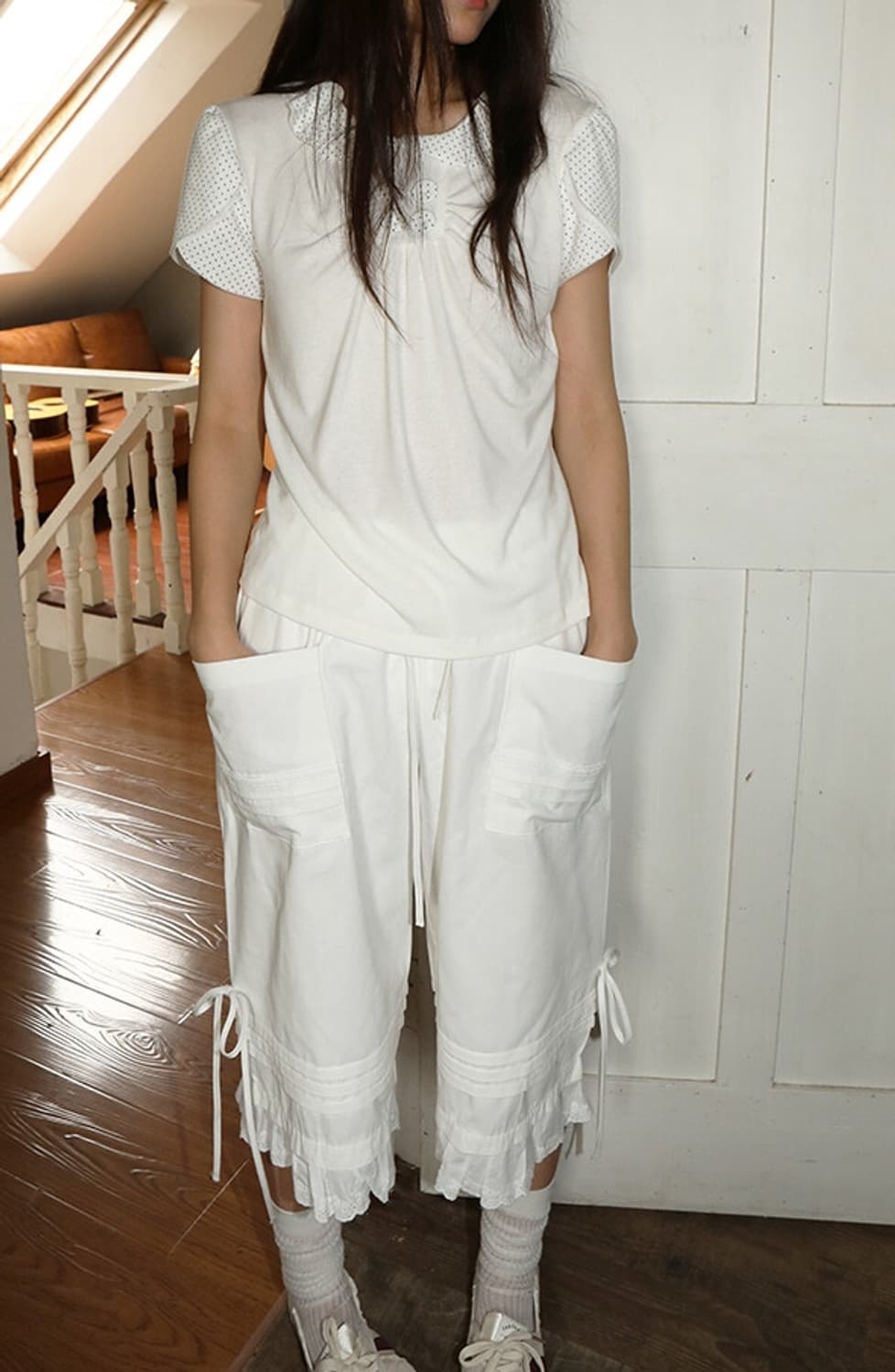 LACE-TRIMMED PLEATED BERMUDA IVORY 상품이미지2