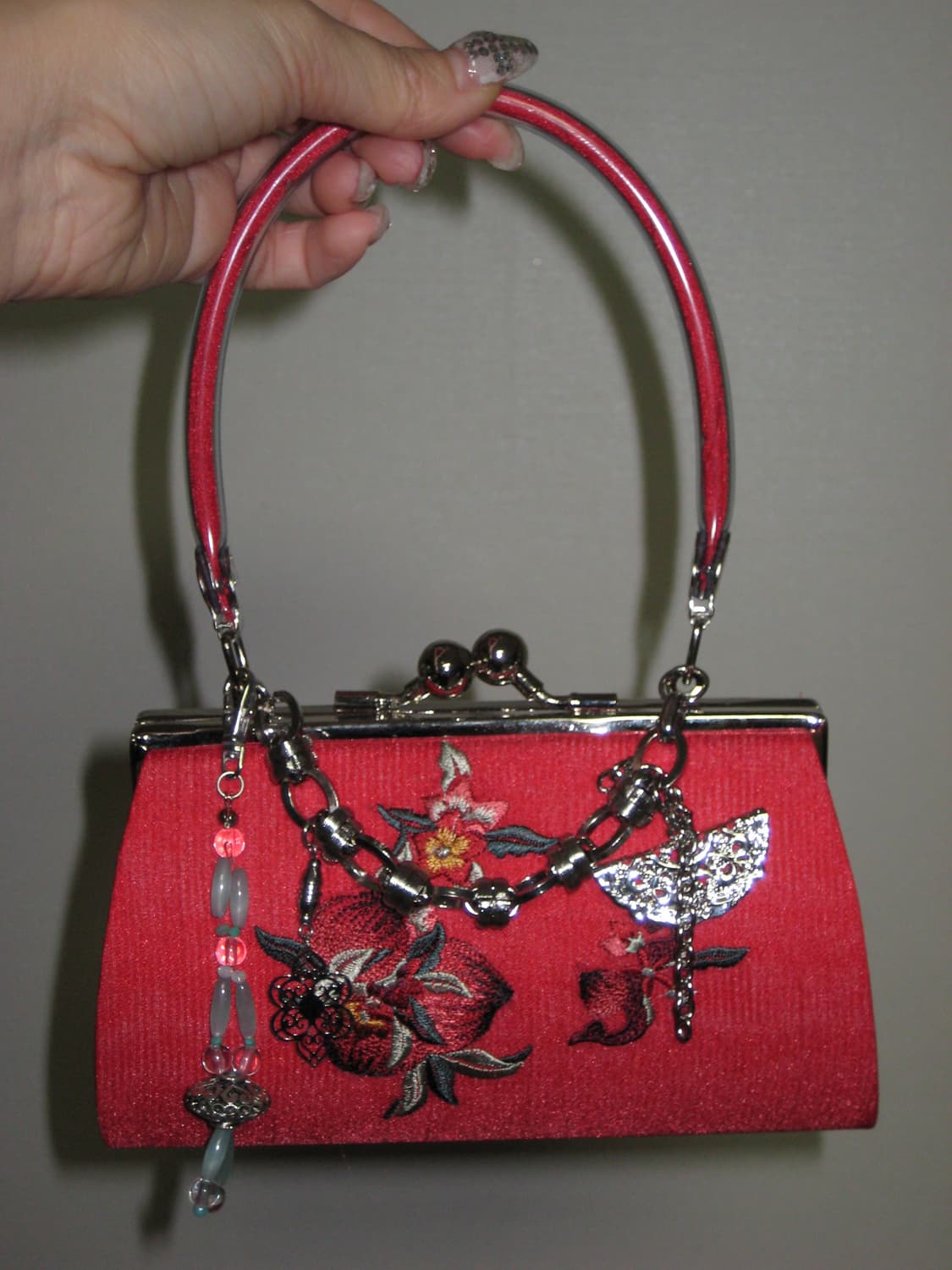 오리엔탈 레드 자수 도트 클러치백 체인메이드 상품이미지2