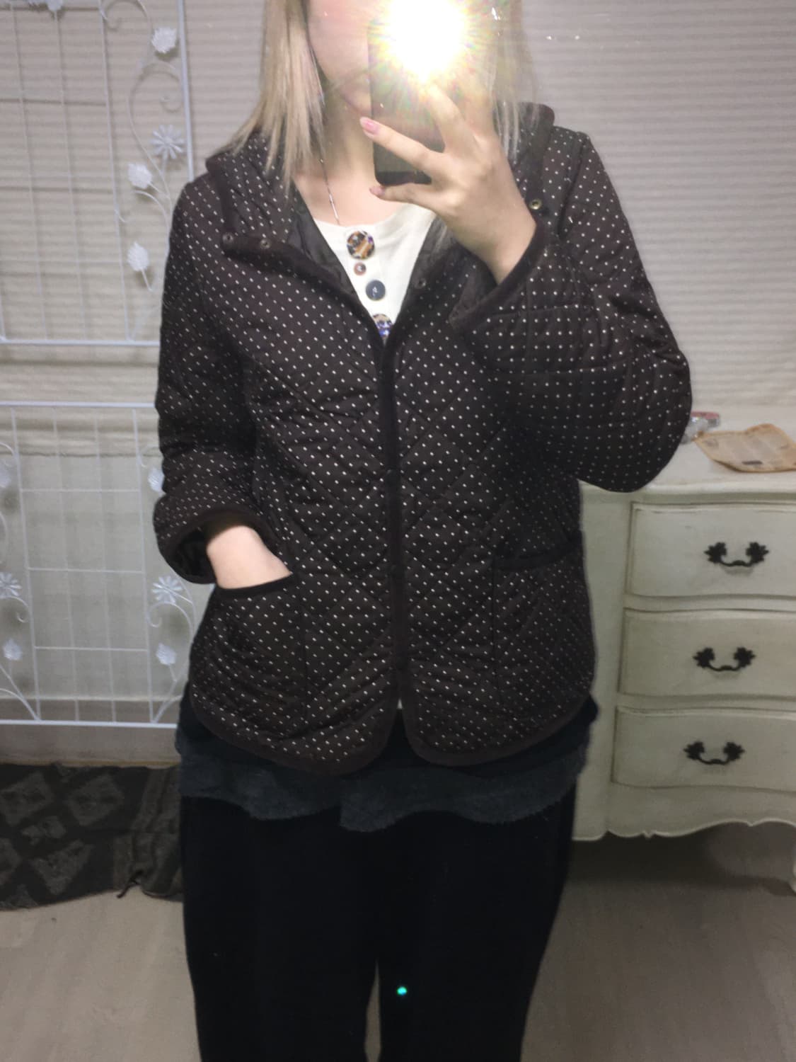 jpn vintage 브라운 도트 후드 포켓 경량 패딩  상품이미지2