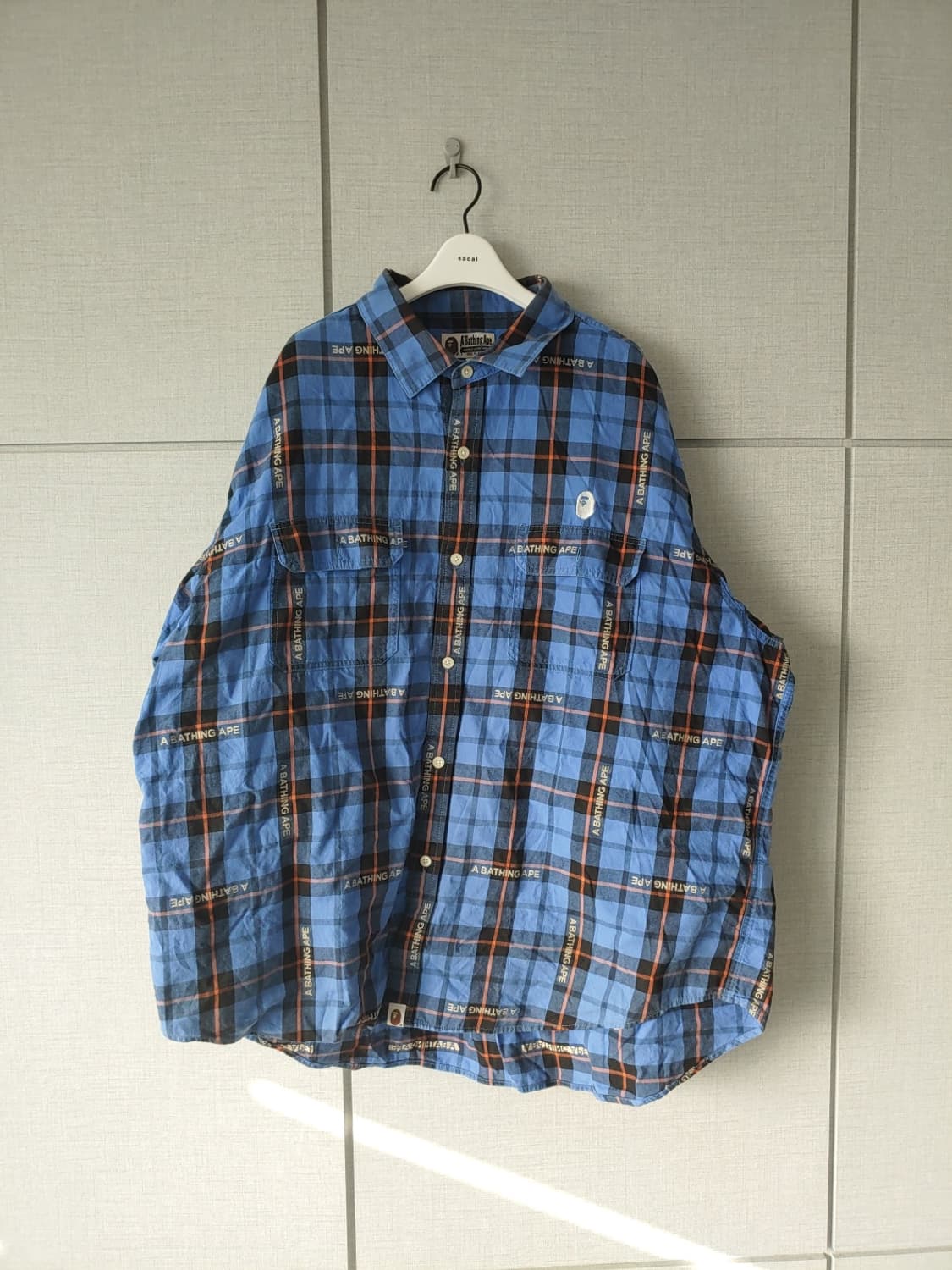 [2XL] 베이프 로고 체크 원포인트 사루 셔츠 블루 (루즈핏) 상품이미지1