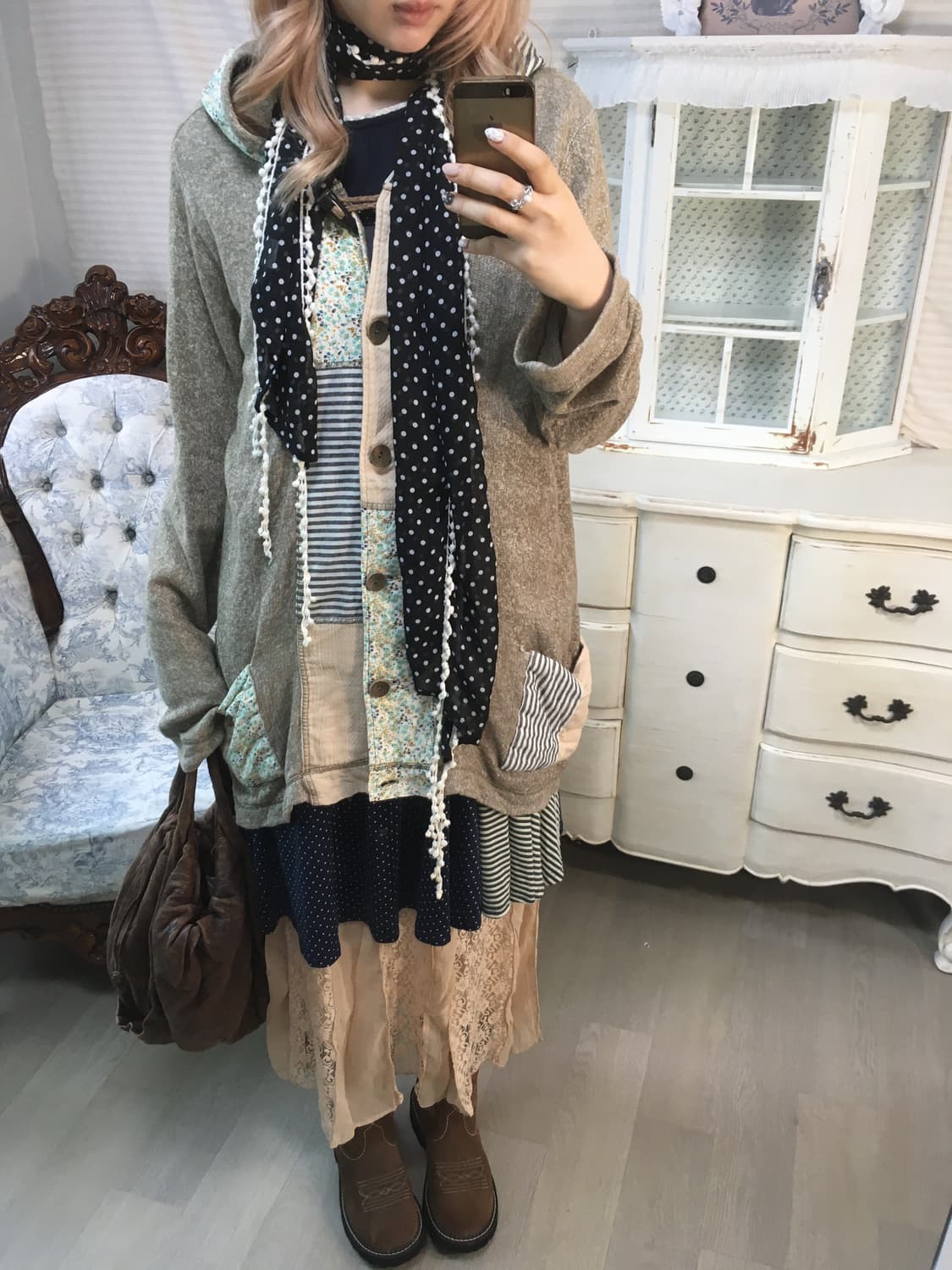 일본빈티지 하구미 모리 패치워크 후드 가디건 상품이미지1