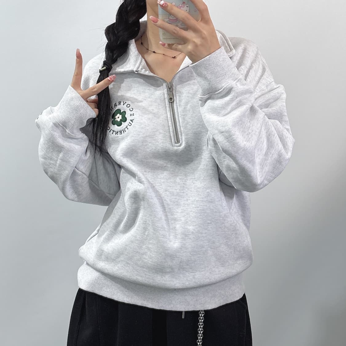 커버낫 하프집업 반집업 맨투맨 라이트 그레이 빈티지 남녀공용 M 상품이미지6
