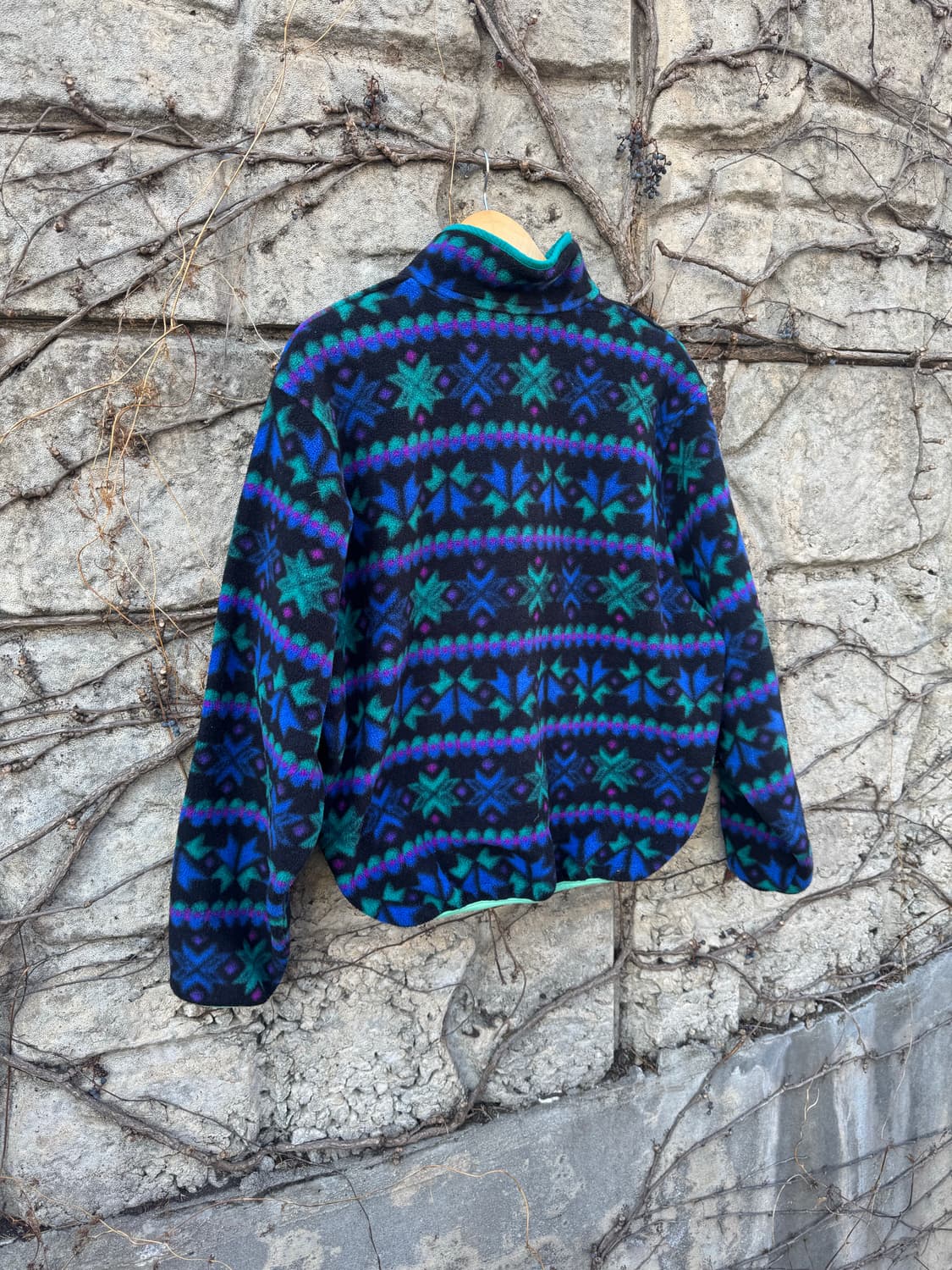 90s 엘엘빈 빈티지 노르딕 아즈텍 패턴 풀오버 플리스 스냅 티 상품이미지4