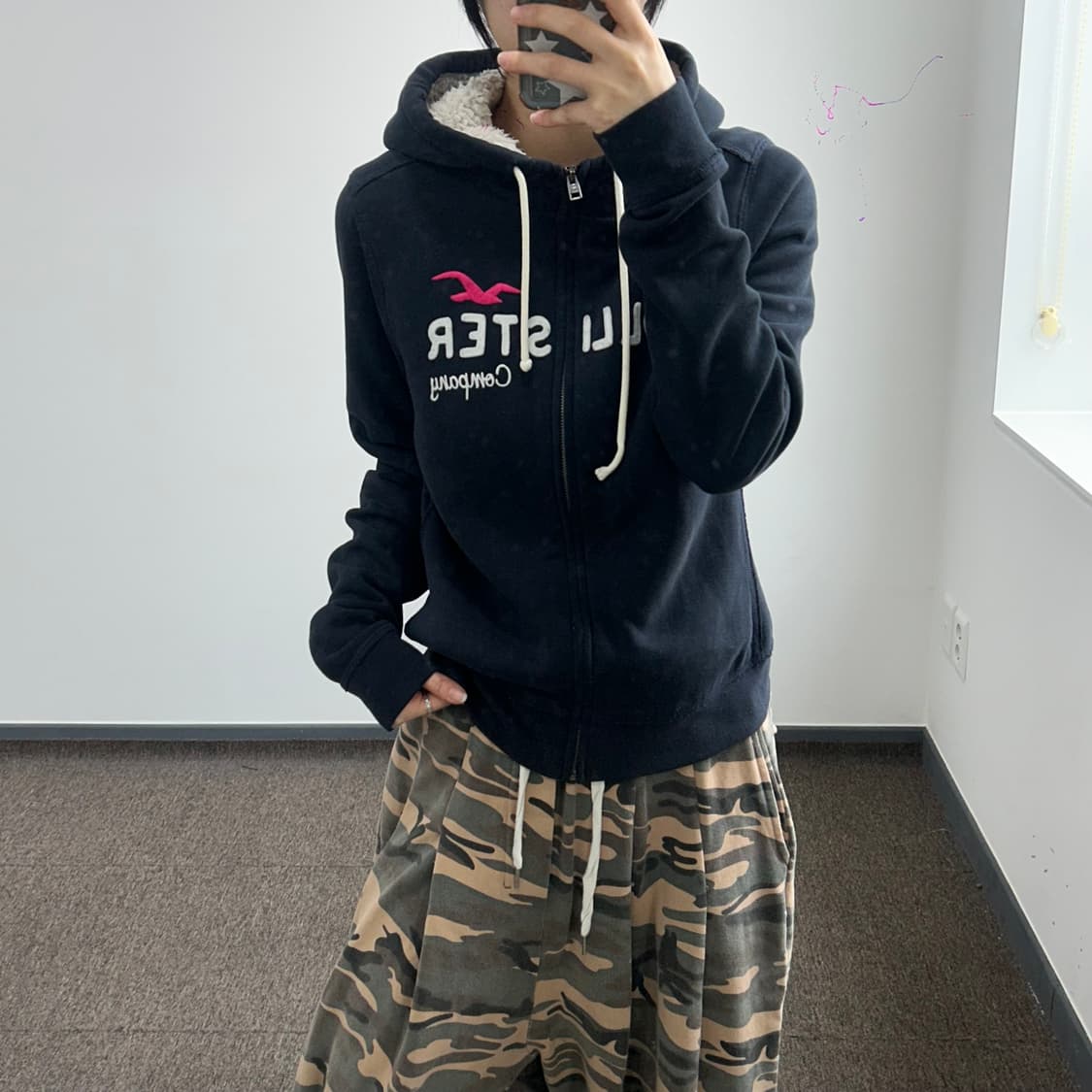 Hollister 홀리스터 스펠아웃로고 퍼 안감 네이비 후드집업   상품이미지1