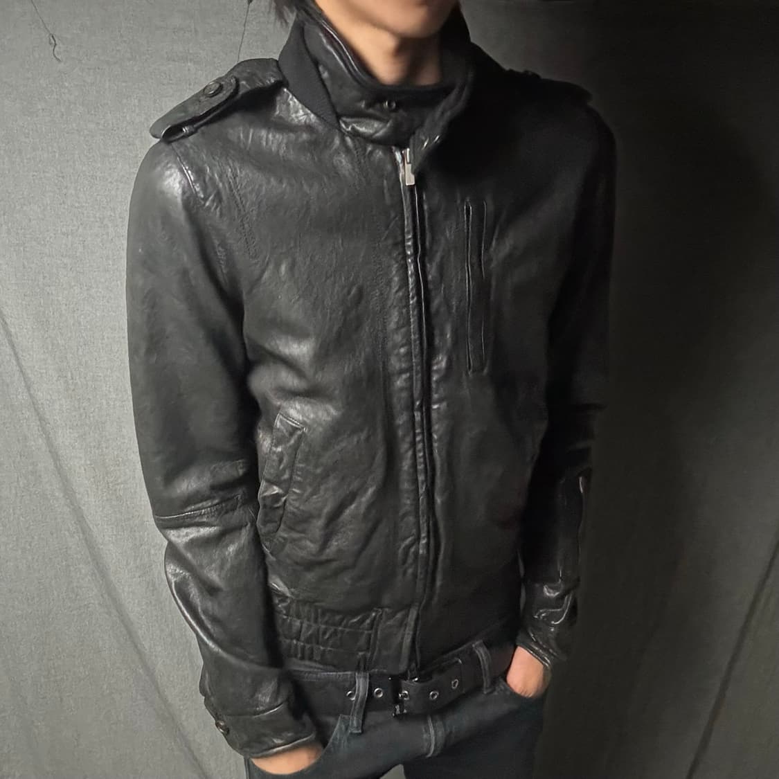 high neck lamb skin leather jacket 상품이미지3