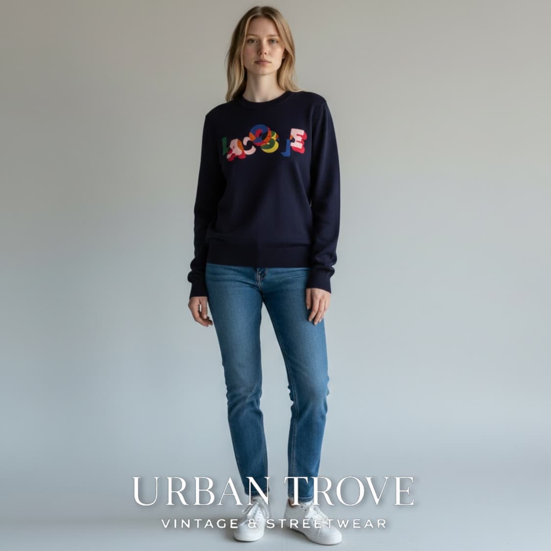 라코스테 여성 크루넥 니트 스웨터 네이비 S 감각적인 로고 상품이미지2