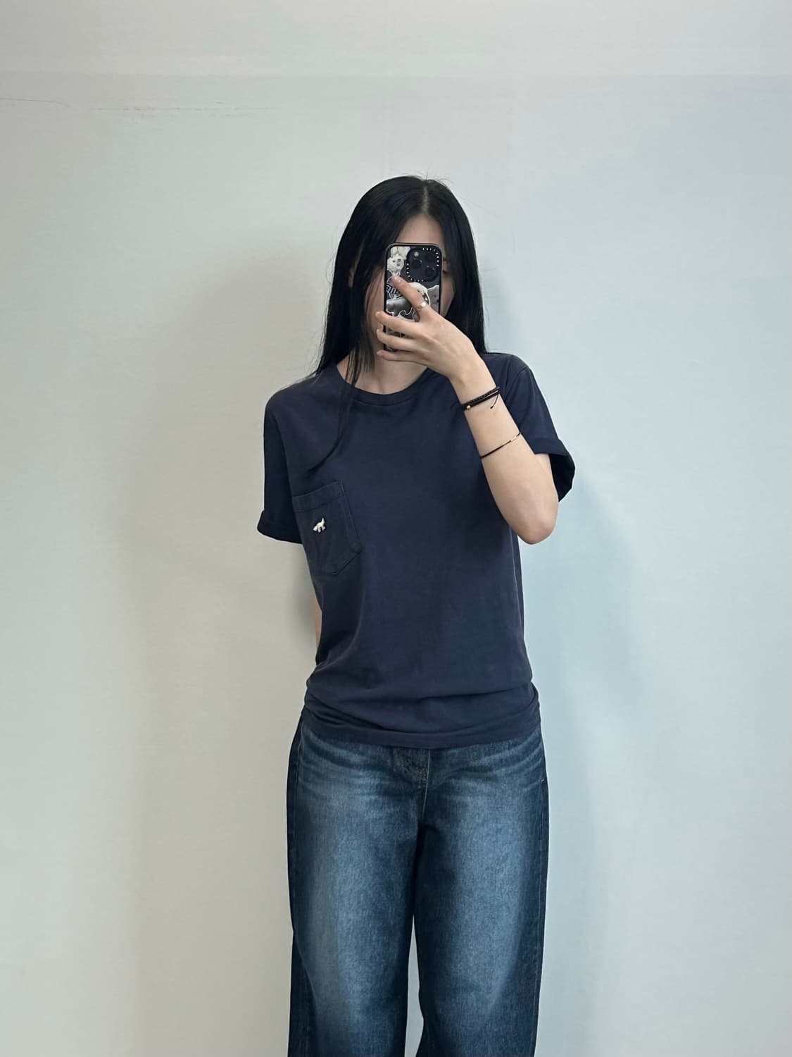 메종키츠네 자수로고 포켓 네이비 반팔 티셔츠 상품이미지1