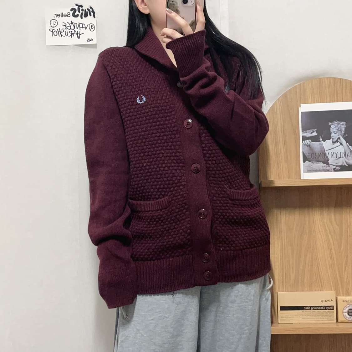 [정품] 프레드페리 버건디 짜임 두툼 울 가디건[ M ] 상품이미지2