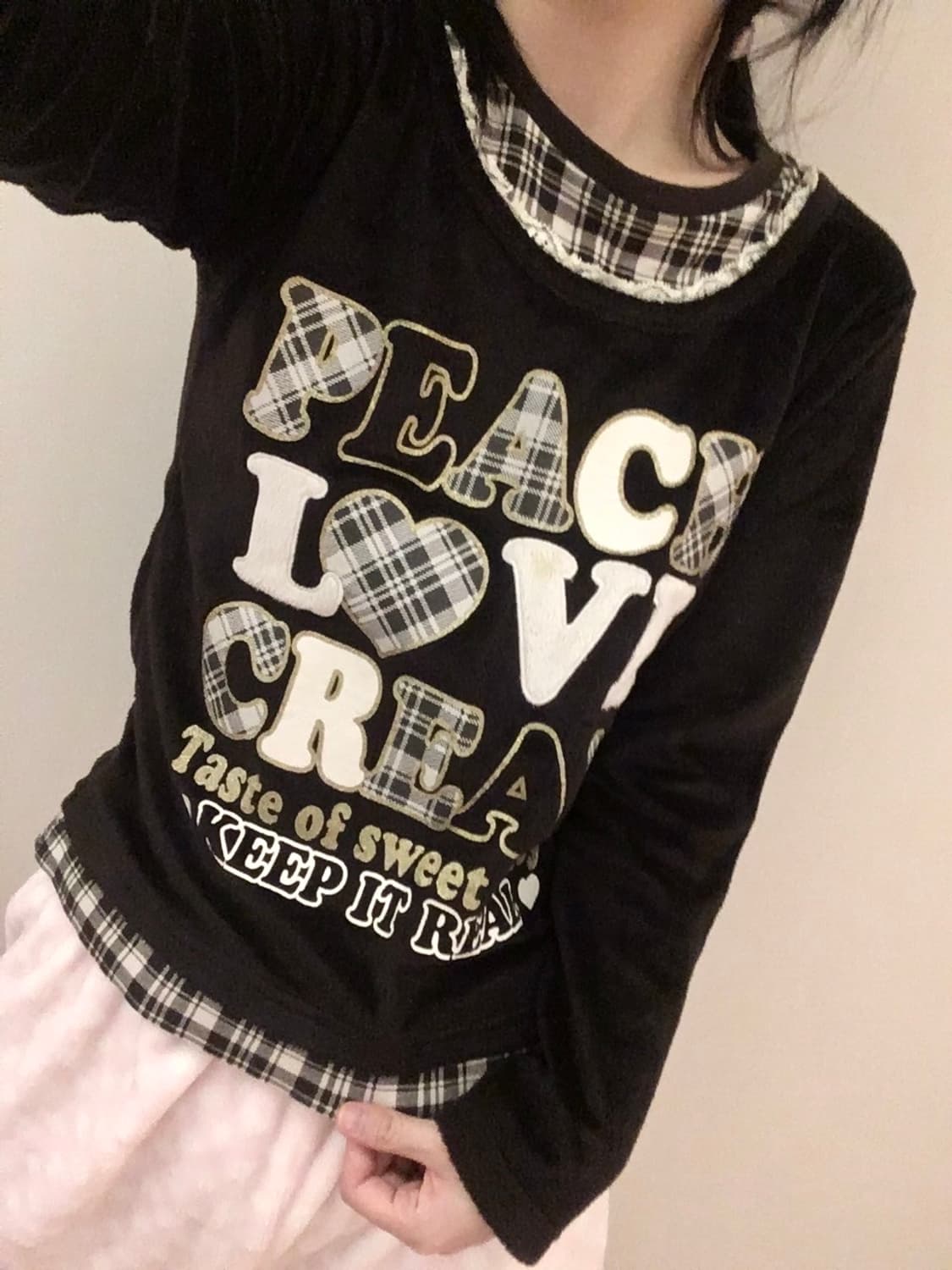 헤이세이 블랙벨벳 그레이체크 레이어드 롱슬리브 탑 티셔츠 갸루 조지후쿠 상품이미지4