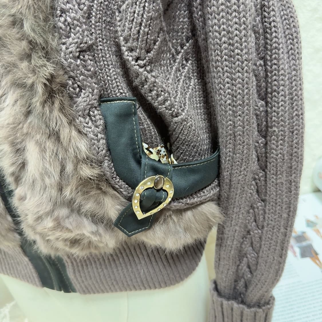 빈티지 보라 브라운 폭스 후드 꽈배기 캣츠아이 매듭  토끼털 니트자켓 상품이미지5