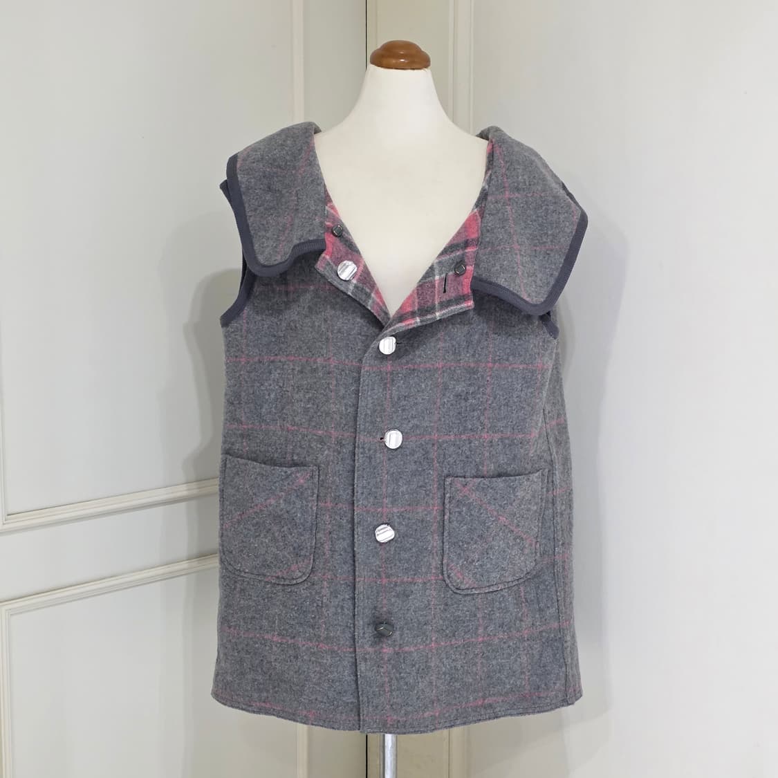 일본빈티지)리버시블 핑크x그레이 체크 모리걸st 로맨틱 베스트 상품이미지3