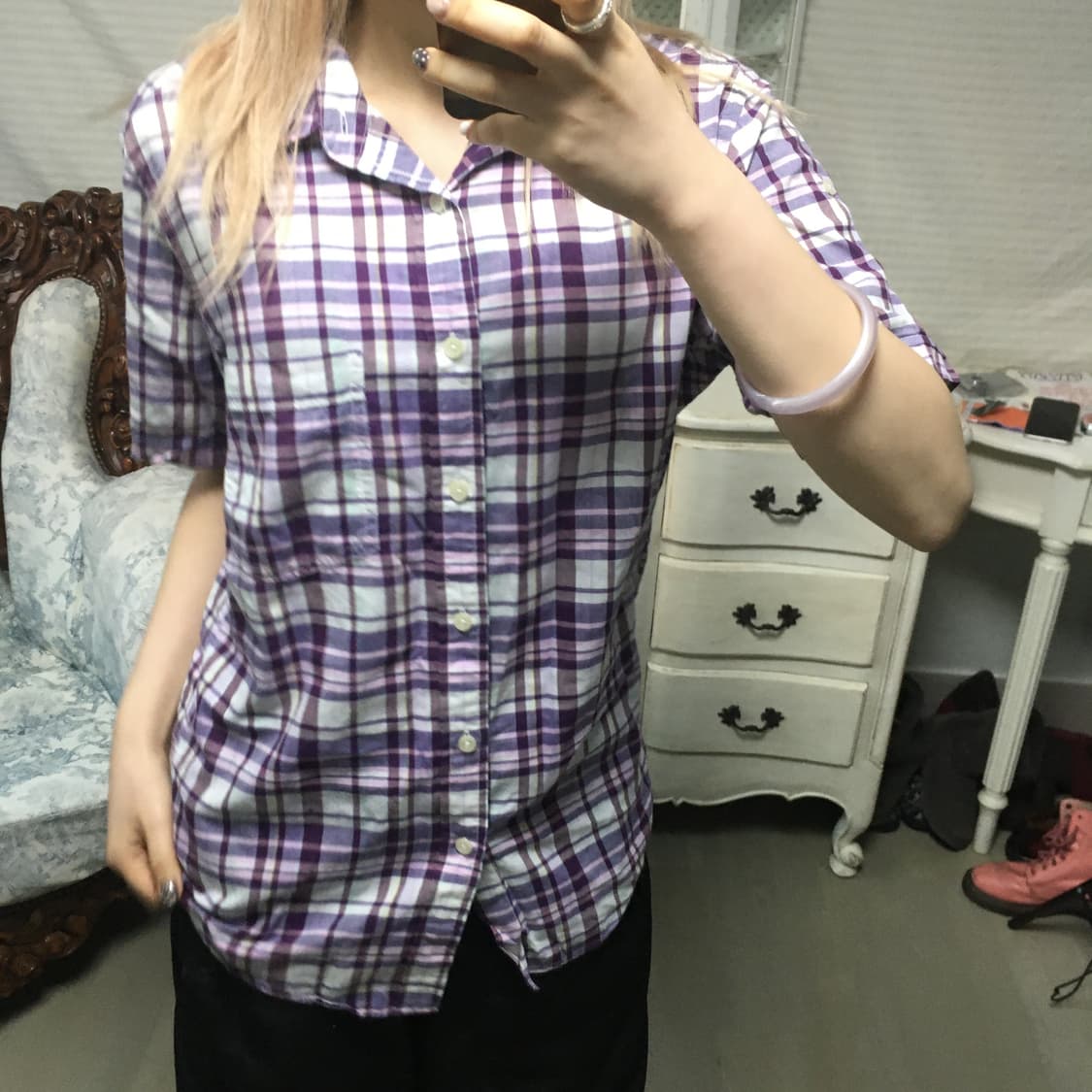일본빈티지 퍼플 체크 셔츠 상품이미지3