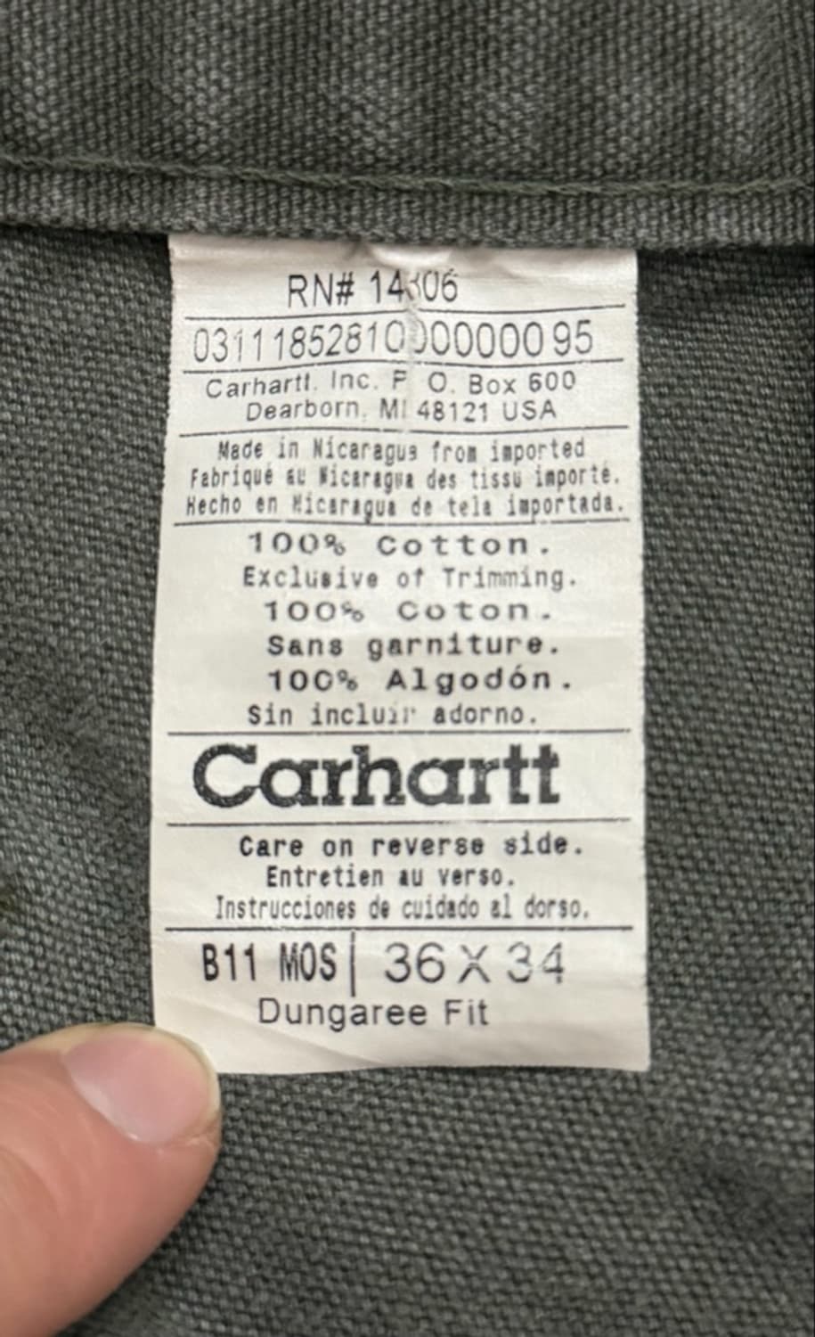 [칼하트] 오리지널 빈티지 B11 싱글니 워크팬츠 모스그린 (36x34) 상품이미지8