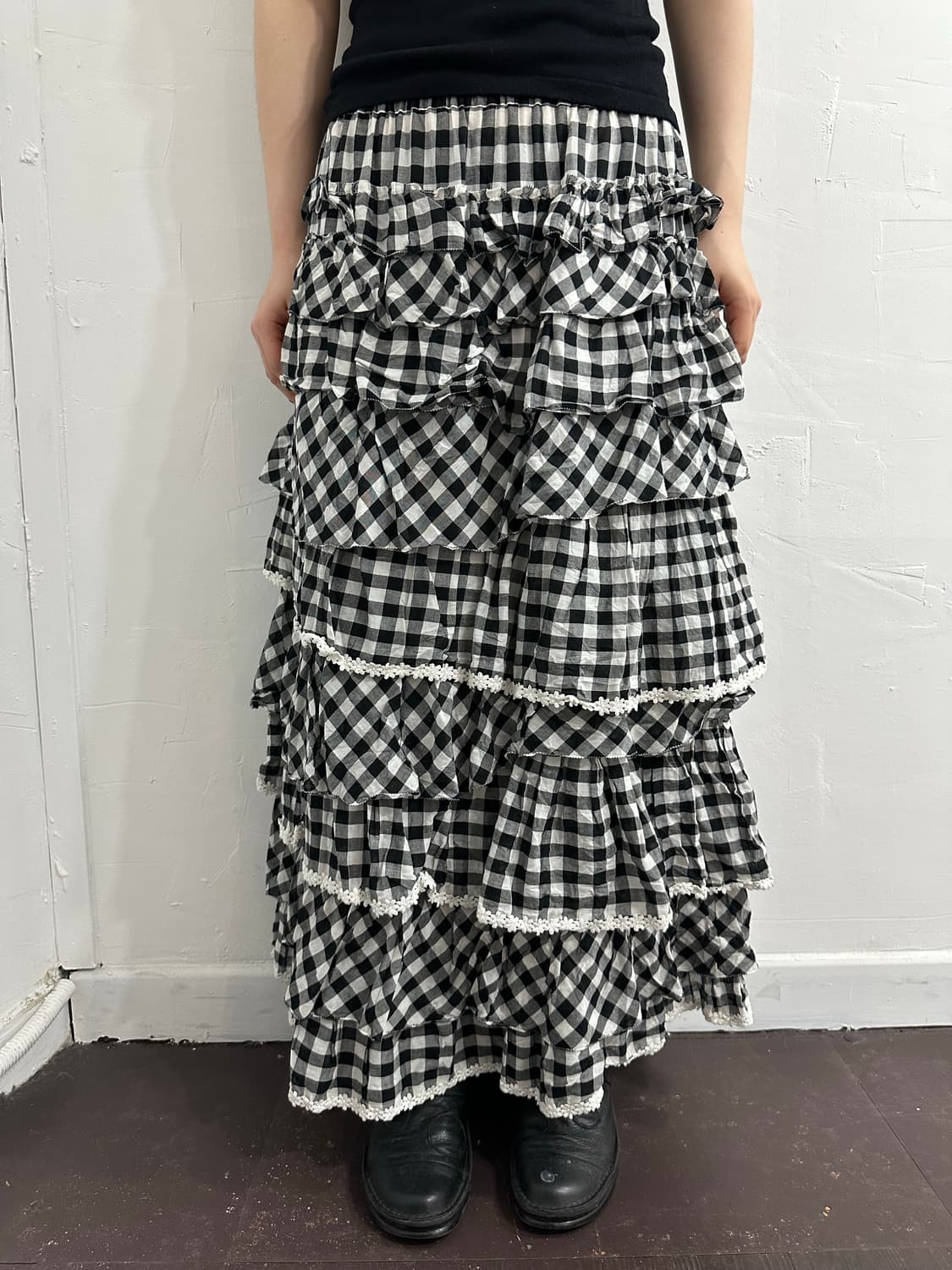 pink house check layered long skirt 상품이미지1