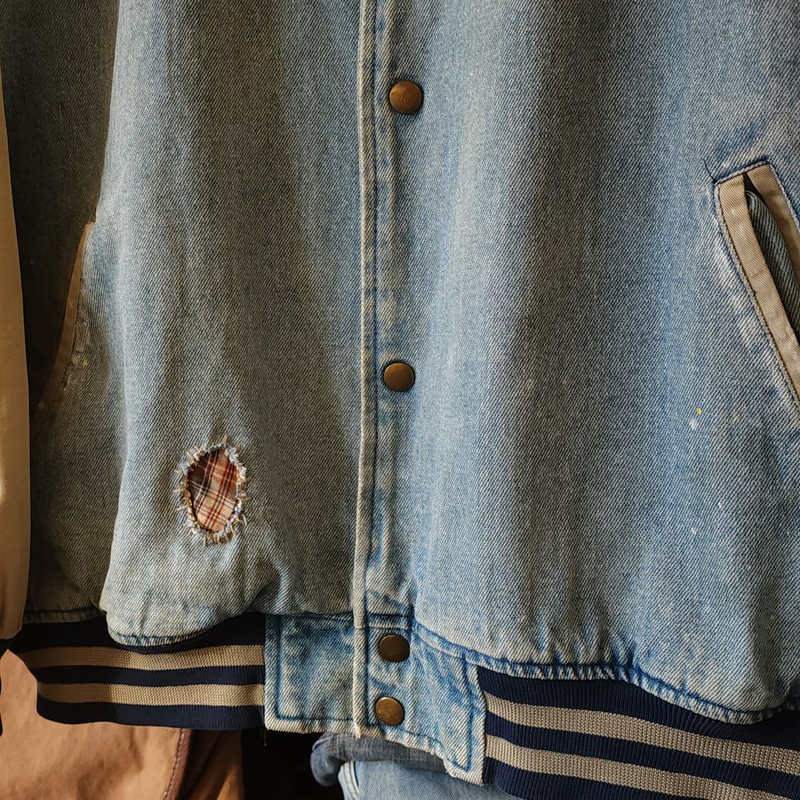 90s 빈티지 데님 바시티 자켓 아메리칸 체크 패치워크 빅사이즈 데님 L 상품이미지4