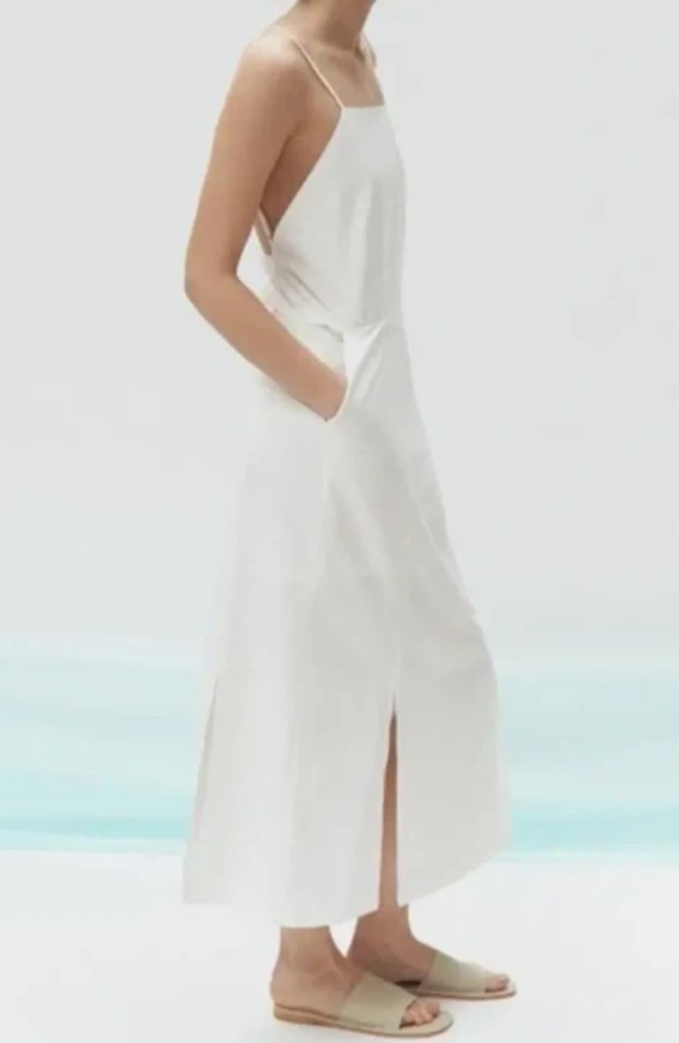 다이애그널 슬릿 트임 밴딩 절개 스냅 린넨 원피스 화이트 맥시 롱 상품이미지3