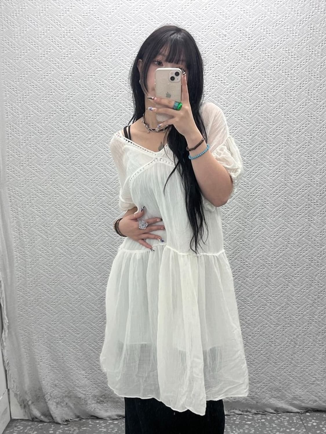 빈티지 여리 폭닥 모리걸 쉬폰 플레어 크림 원피스 L C07930 상품이미지1