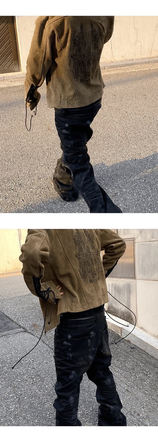 언더마이카 대성당 자수 스웨이드 트러커 자켓 (OLIVE) 상품이미지2