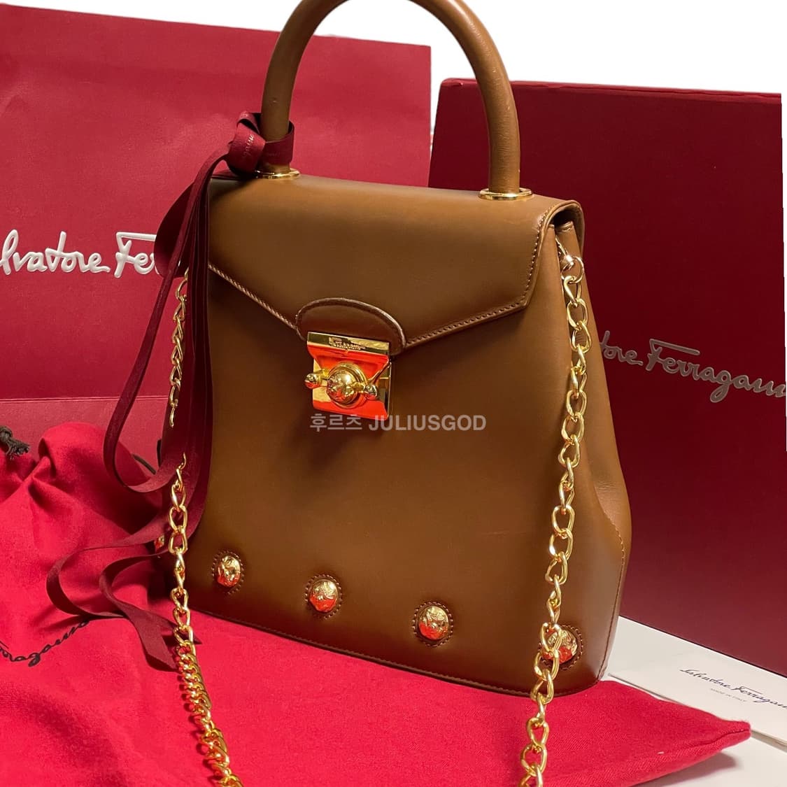 [정품/OS] Ferragamo 페라가모 레더 토트백 체인 크로스백 상품이미지1