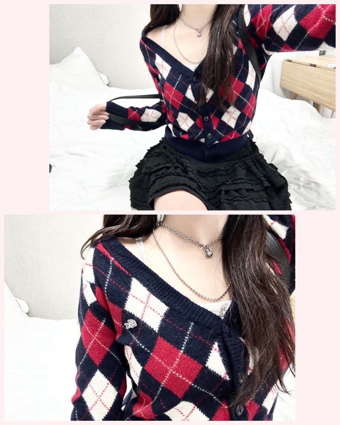 라코스테 아가일체크 캐시혼방 울 가디건 상품이미지1