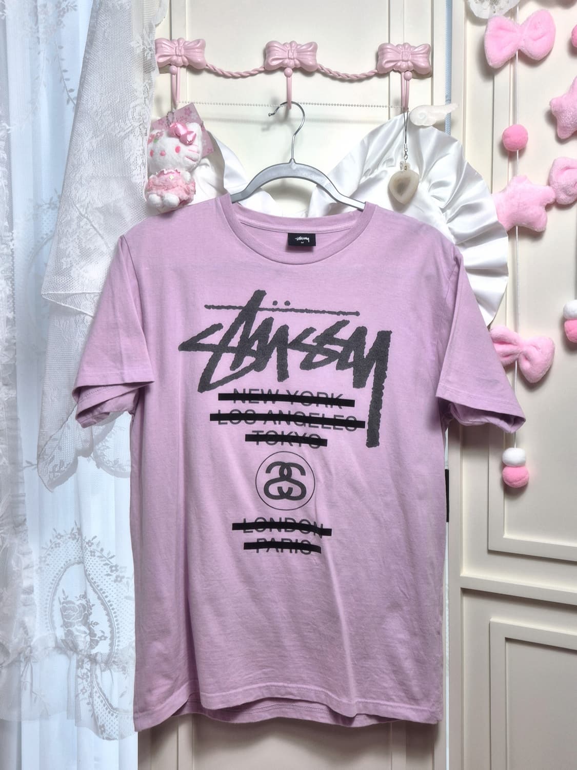스투시 월드 투어 반팔 티셔츠 라벤더 핑크 회핑 M 사이즈 상품이미지1