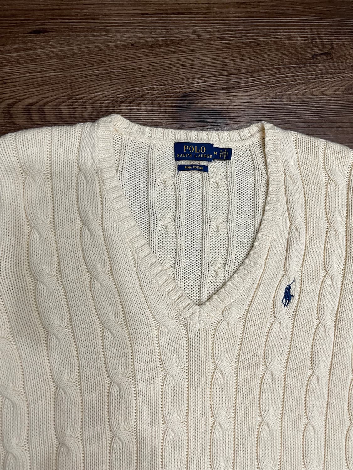 폴로 피마코튼 케이블 브이넥 니트 코튼 스웨터 크림 상품이미지1