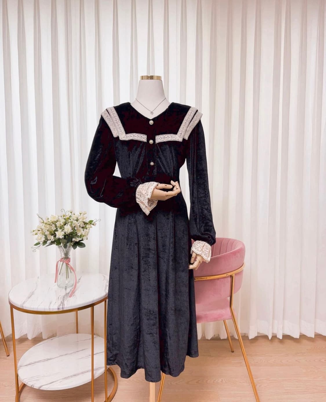 세일러 벨벳레이스 롱원피스 상품이미지1