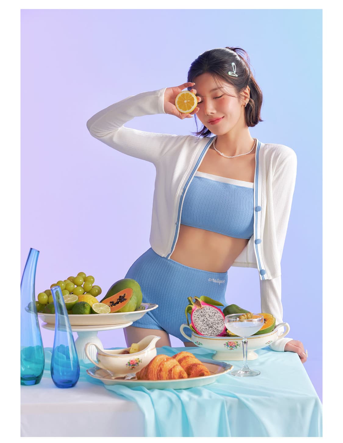 코랄리크 수영복 트위스트 비키니 래쉬가드 세트 블루 상품이미지1