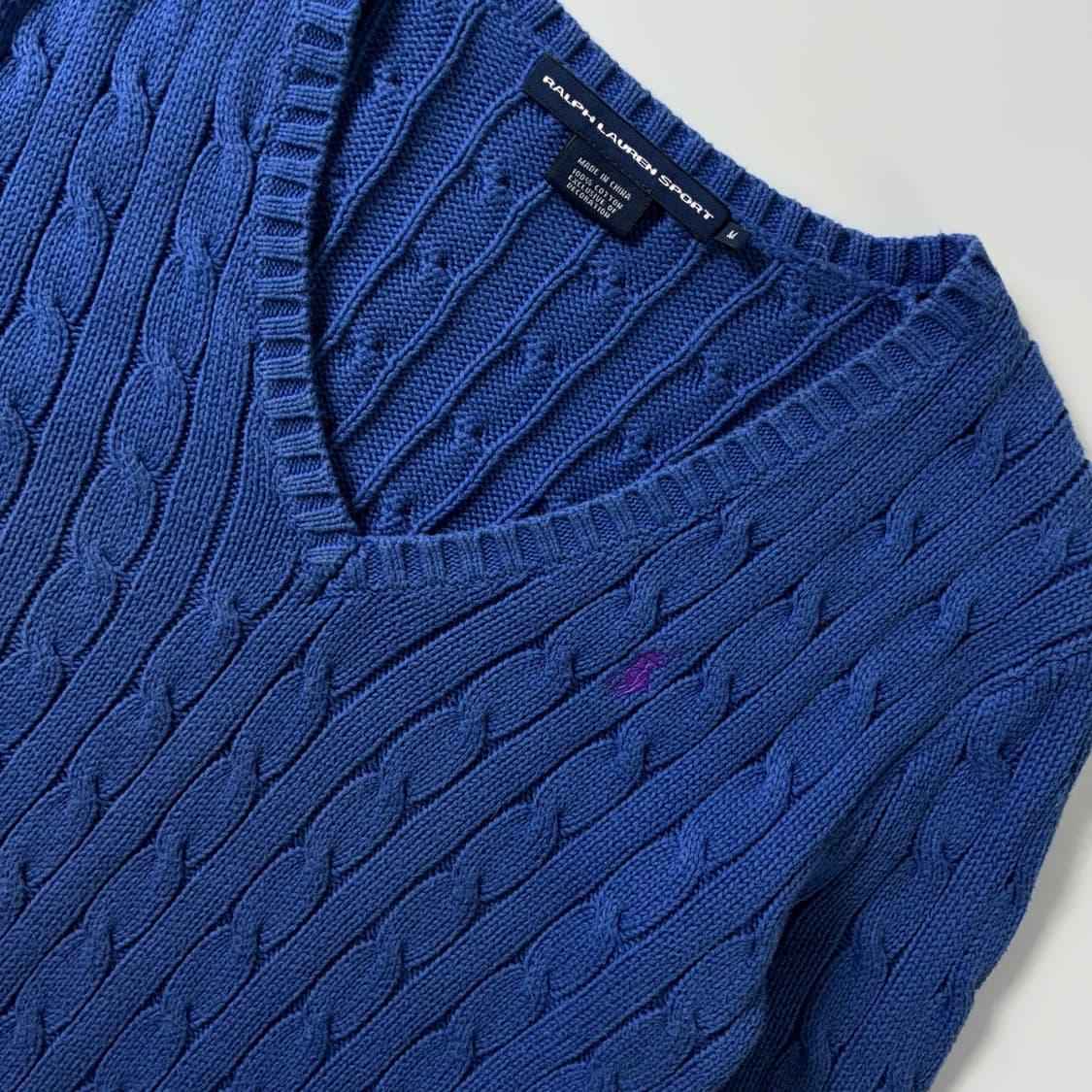 Polo  랄프로렌 스포츠 자수 코튼 블루 꽈배기 브이넥 니트  상품이미지3